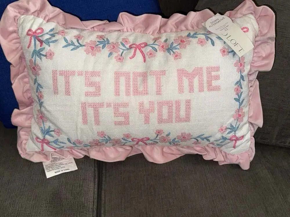 Bad Loft It's Not Me It's You Needlepoint Pillow 12x20 Pink Velvet Ruffle